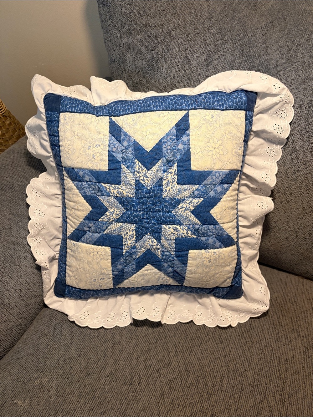 Blue Star Patchwork Decorative Pillow Cover with Ruffled Edges